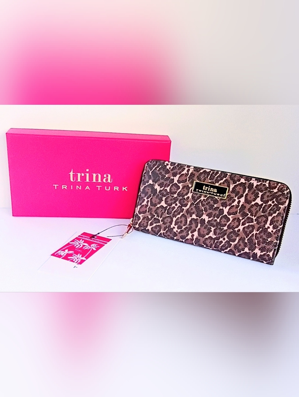 Trina Turk Leopard Print Zip Around Wallet NWT Pink Brown Gift Box